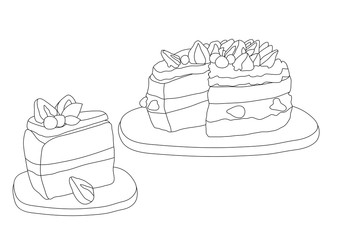 Line Cake Strawberry on white background illustration vector 