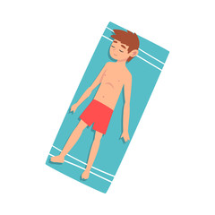 Cute Boy Sunbathing on Beach Towel, Top View, Boy Enjoying Summer Vacation Vector Illustration