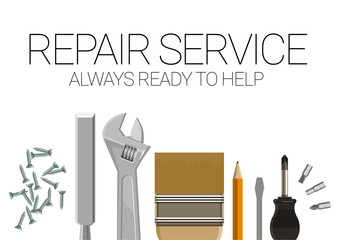 Poster template service for small home repair. A set of building tools. Screwdriver, screws, adjustable wrench. Two options on a white and yellow background. Vector illustration.