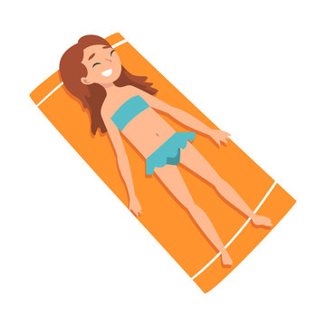 Cute Girl Sunbathing on Beach Towel, Top View of Smiling Lying Girl in Blue Bikini Vector Illustration