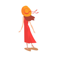 Girl in Red Dress and Straw Hat, View From Behind Vector Illustration