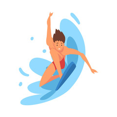 Male Surfer Character Riding Waves, Guy with Surfboard, Recreational Beach Water Sport, Man Enjoying Summer Vacation Vector Illustration