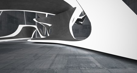 Empty dark abstract concrete room smooth interior. Architectural background. Night view of the illuminated. 3D illustration and rendering