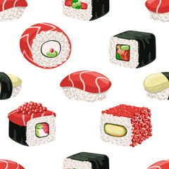 Sushi Seamless Pattern, Japanese Food Bar or Restaurant Design Element Can Be Used for Wallpaper, Packaging, Background Vector Illustration