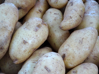    Pile of fresh potatoes displayed at the farmers market in Sicily. Closeup for background.           