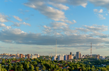 Before us under the huge sky panorama of Motovilikha district of Perm in the summer evening. Sunset