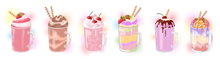 Obraz na płótnie Canvas Vector set of multicolor milkshakes with straws in glass cups. Desserts with berry, fruit, chocolate, vanilla, hazeled flavours. Cold sweet beverages made from milk, ice cream. Vector cartoon.