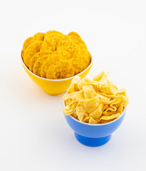 Indian Street Snack Food Besan Papdi With Masala Khari Papdi on White Background