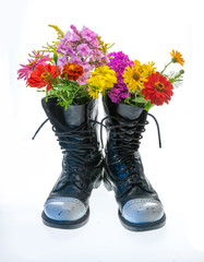 Flowers bloomed in his military boots. There is no war.