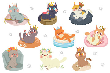 Cute cartoon cats character with crowns pack