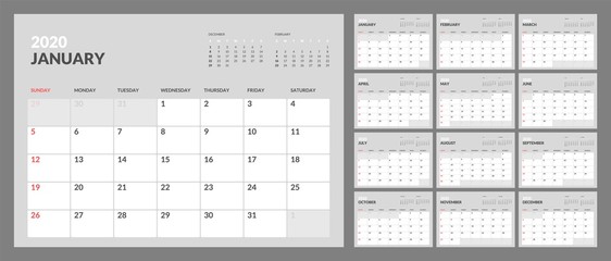 Wall calendar for 2020 year in clean minimal style. Week Starts on Sunday. Set of 12 Months.