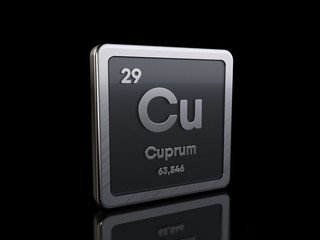 Copper Cu, element symbol from periodic table series. 3D rendering isolated on black background