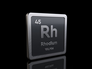 Rhodium Rh, element symbol from periodic table series. 3D rendering isolated on black background
