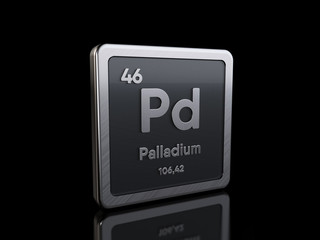 Palladium Pd, element symbol from periodic table series. 3D rendering isolated on black background