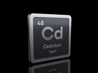 Cadmium Cd, element symbol from periodic table series. 3D rendering isolated on black background