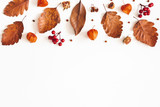 Autumn composition. Dried leaves, flowers, rowan berries on white background. Autumn, fall, thanksgiving day concept. Flat lay, top view, copy space
