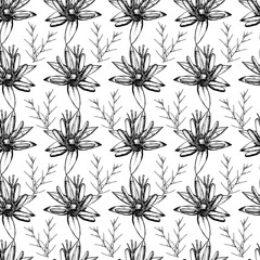 Botanical seamless pattern in vintage style. Various leaves of ferns, cones, horsetail, calamus, sow thistle, wheat grass, holly. Vector engraving black and white illustration.