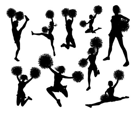 Detailed silhouette cheerleaders holding pompoms