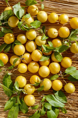 Ripe yellow plums close-up lie on the straw.