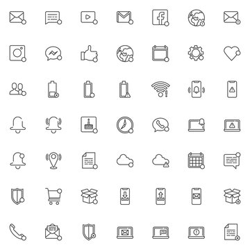 Notifications line icons set. linear style symbols collection, outline signs pack. vector graphics. Set includes icons as new message notice, phone call, calendar reminder, friend request, Low battery