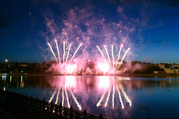 Beautiful Pyrotechnic Fireworks at night under the water. Celebration.