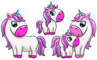 Unicorn baby with mom cute print set. Sweet tiny pony family. Cool animal friends