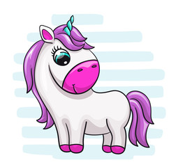 Unicorn baby cute print. Sweet tiny pony. Cool animal on striped background