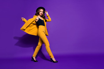 Profile side full length body size view of nice-looking glamorous gorgeous attractive content...