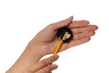 Female hands which are sharpening yellow pencil with black sharpener on the white background. International Students' Day	