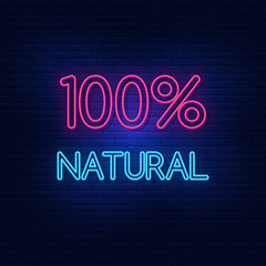 Neon lighting is 100% natural. Bright percentage. Modern vector logo, icon, banner, shield, screen, lettering image 100% natural. Night advertising on the background of a brick wall.