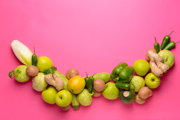 Assortment of fresh vegetables on color background