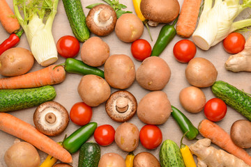 Assortment of fresh vegetables on table