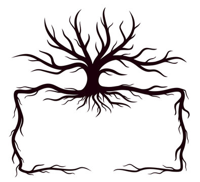 A frame with a big tree with roots.
