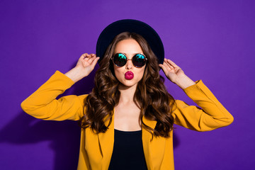 Close-up portrait of her she nice-looking lovely lovable charming sweet wavy-haired lady sending you kiss isolated over bright vivid shine violet lilac purple background