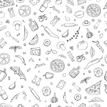 Vector background with breakfast, lunch, pizza, snacks. Useful for packaging, menu design and interior decoration. Hand drawn doodles. Seamless pattern of food elements on a white background.