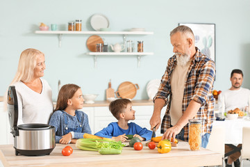 Grandparents and little children with modern multi cooker in kitchen