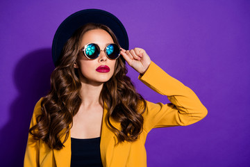 Closeup photo of amazing fashionable lady wear stylish hat yellow costume isolated purple background