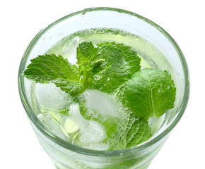 Glass of fresh mojito on white background, closeup