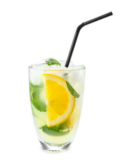 Glass of fresh cocktail on white background