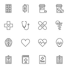 Medical equipment line icons set. linear style symbols collection, outline signs pack. vector graphics. Set includes icons as blood transfusion bag, adhesive plaster, medical records, medicine tablets