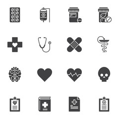 Medical equipment vector icons set, modern solid symbol collection, filled style pictogram pack. Signs logo illustration. Set includes icons as blood transfusion bag, adhesive plaster, medical records