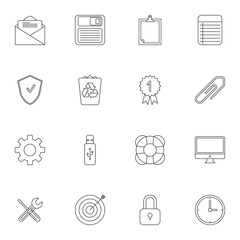 Fototapeta premium Office items line icons set. linear style symbols collection, outline signs pack. vector graphics. Set includes icons as diskette, trash bin, clock, computer monitor, guarantee certificate, to do list