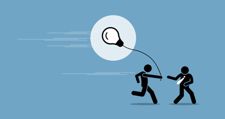 Businessman passing the idea to another person. Vector artwork depicts a runner passing a job, task, and idea to another guy to continue working on it. Concept of teamwork, pass over and continuation. - obrazy, fototapety, plakaty