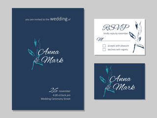 Wedding floral invitation. Rsvp card design set. Elegant leaves pattern. 