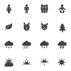 UI elements vector icons set, modern solid symbol collection, filled style pictogram pack. Signs logo illustration. Set includes icons as forecast weather, clouds, sun, sunset, sunrise, tree, animals