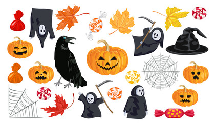 Set of Halloween icons isolated on white background. Collection of vector bright illustrations in cartoon flat style. Spider web, ghosts, pumpkin Jack, black raven, candy, autumn leaves
