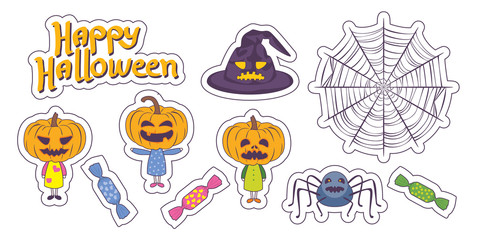 Halloween cartoon sticker collection. Vector illustration isolated on white. Lettering. Kids in costumes. Sweets. Funny pumpkins. Scary hat. Evil spider with web.