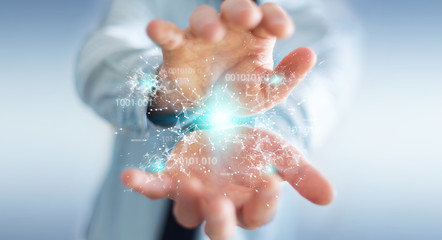Businessman using digital binary code connection network 3D rendering