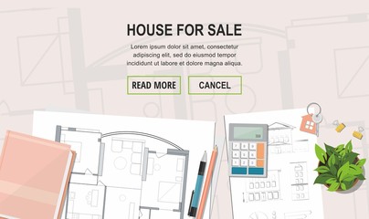 Construction project architect house plan with tools. Key with symbol of house. House for sale. Web banner