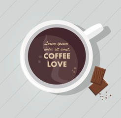 Mug with coffee and chocolate on the table. Top view. Vector Illustration